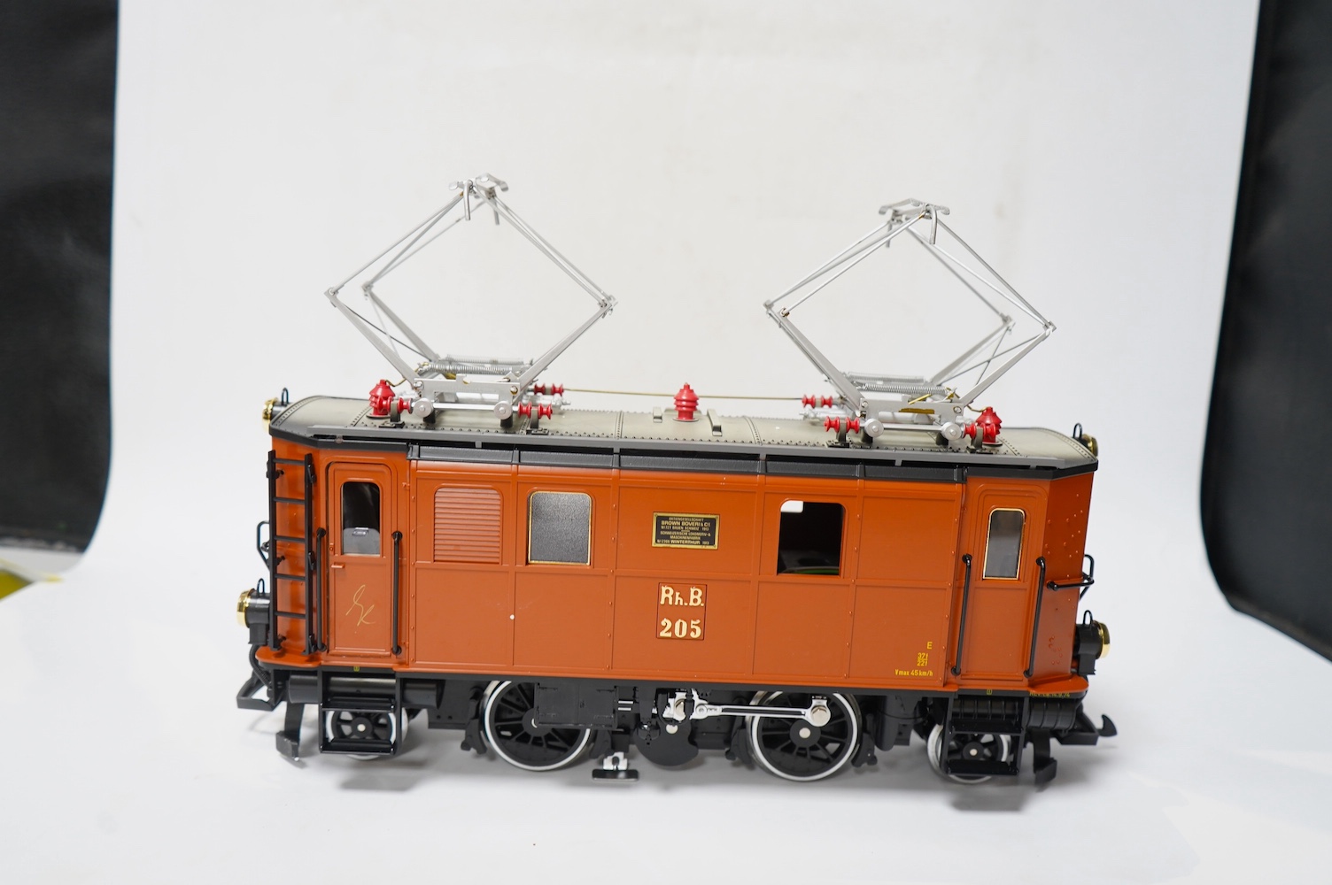 A boxed Lehman LGB (2045) G scale railway RhB electric pantograph locomotive, 205, in brown livery. Condition - good, evidence of very minor running wear only.